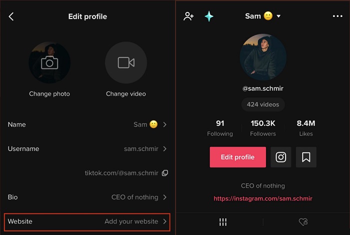 URL du profil TikTok