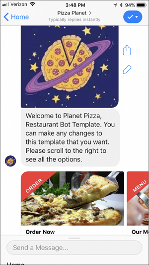 Bot Facebook Messenger Pizza Planet