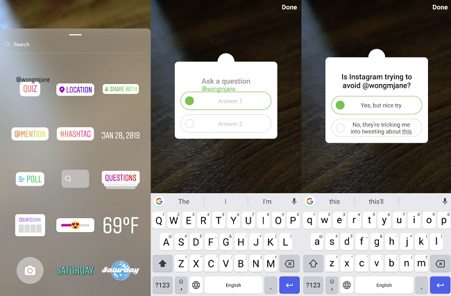 Exemples d'autocollants de quiz Instagram Stories