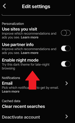 Comment activer le mode nuit Pinterest dans les paramètres