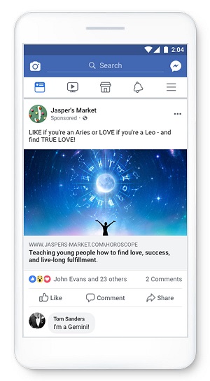 Un exemple d'une publicité Facebook appâtant l'engagement