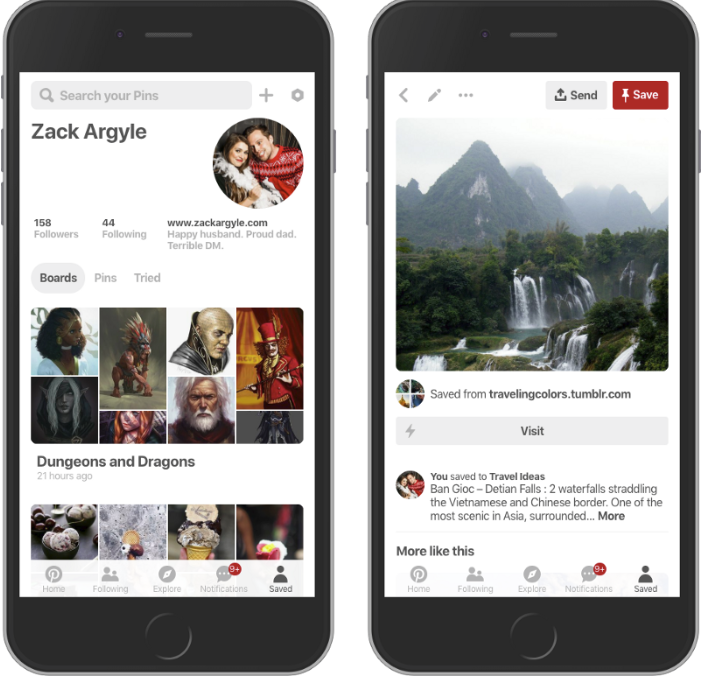 Captures d'écran de l'application Web mobile de Pinterest