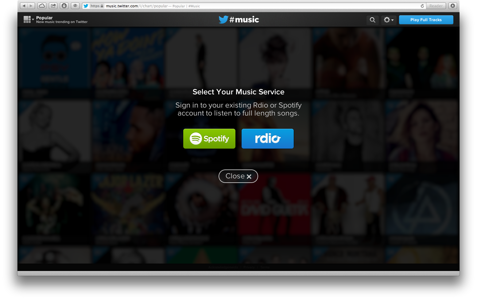 Twitter #Music prend en charge la diffusion complète de chansons via Spotify ou Rdio.