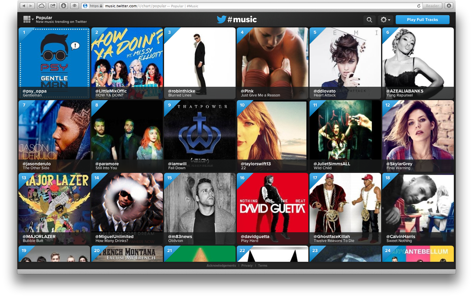 Capture d'écran de l'application Web du nouveau service Twitter #Music.