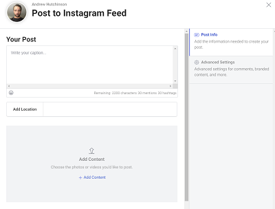Publication Instagram depuis Creator Studio