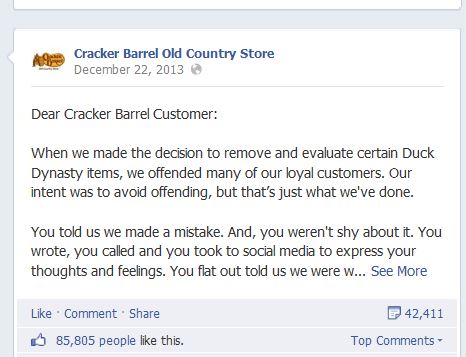 Cracker Barrel s'excuse d'avoir retiré les produits Duck Dynasty