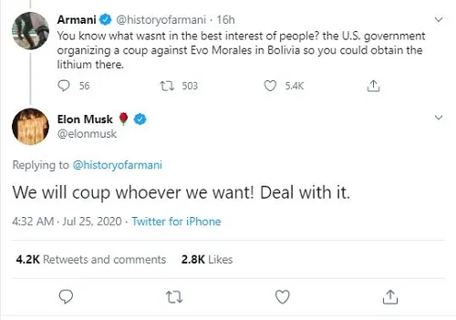 Tweet sur le coup d’État de Musk